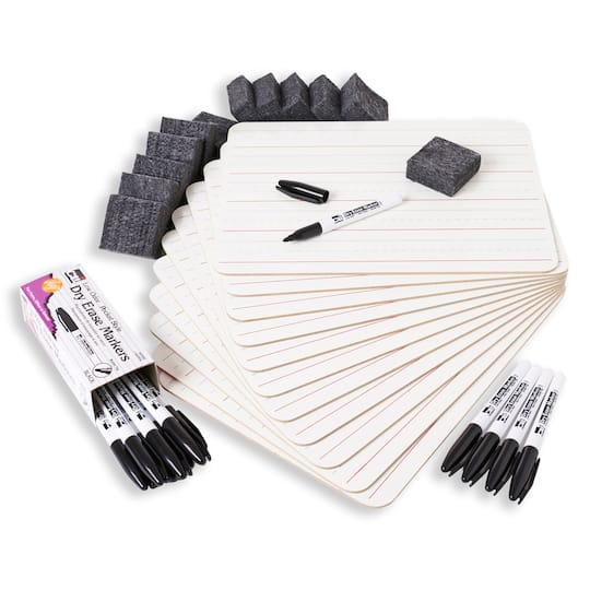 2-Sided Plain & Lined Magnetic Boards Dry Erase with Markers & Erasers Classpack, Pack of 12